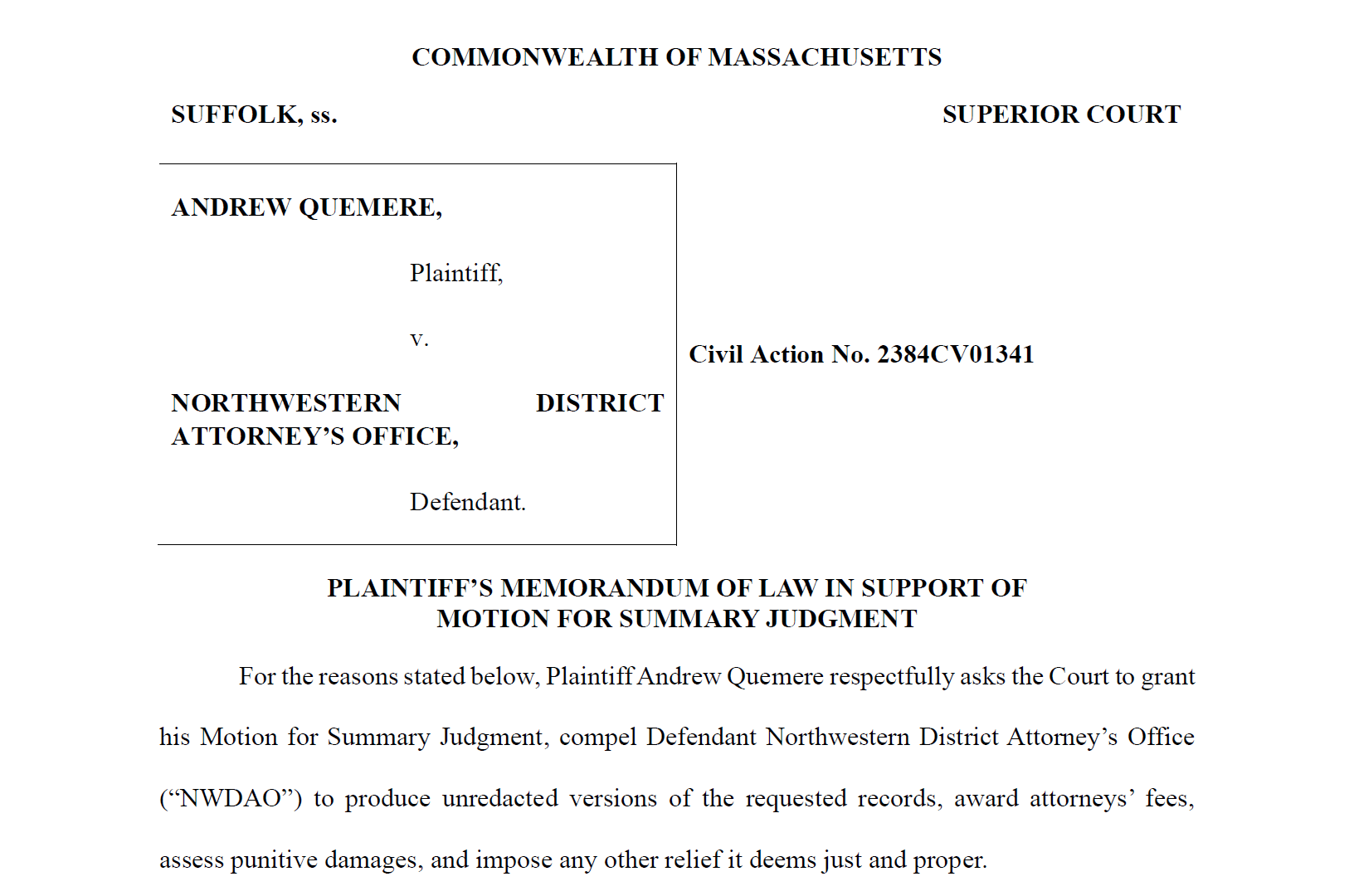 Screenshot of the top of the first page of The Mass Dump's motion for summary judgment.